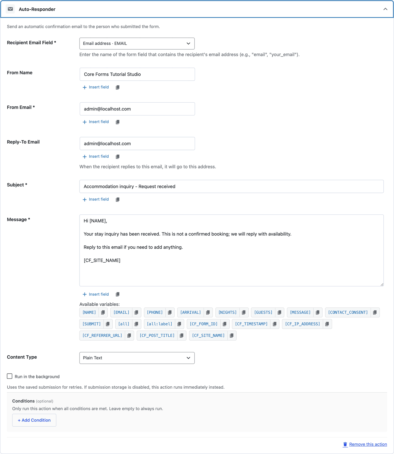 The Auto-Responder action for the accommodation form, sending the acknowledgement to the EMAIL field