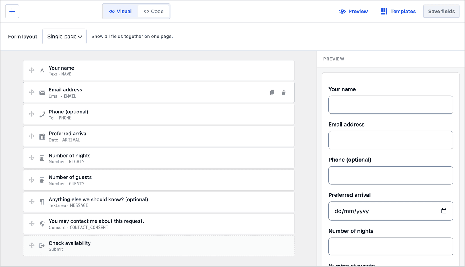 Core Forms builder for the accommodation form with the layout set to Single page, showing all 8 fields in one column