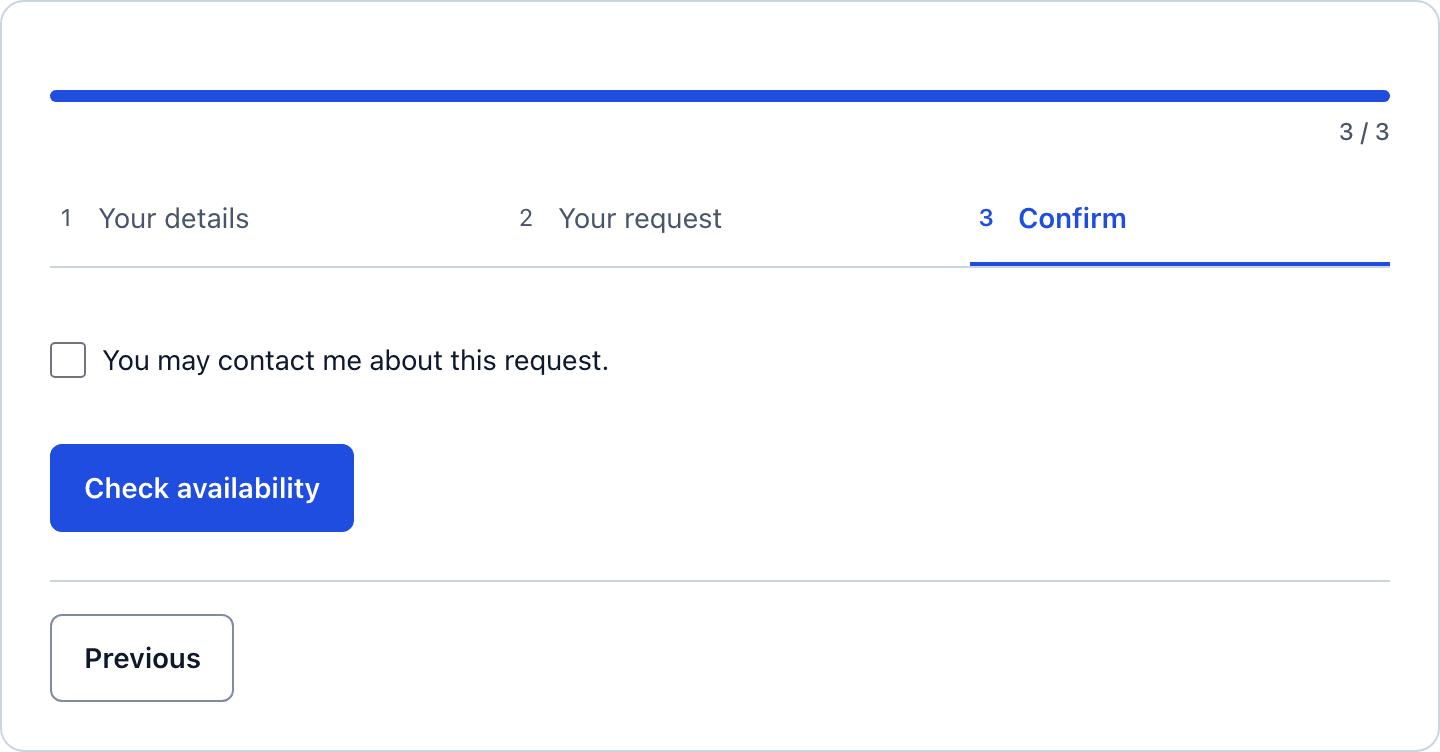 The Confirm step of the accommodation inquiry form with the contact consent checkbox and the Check availability button