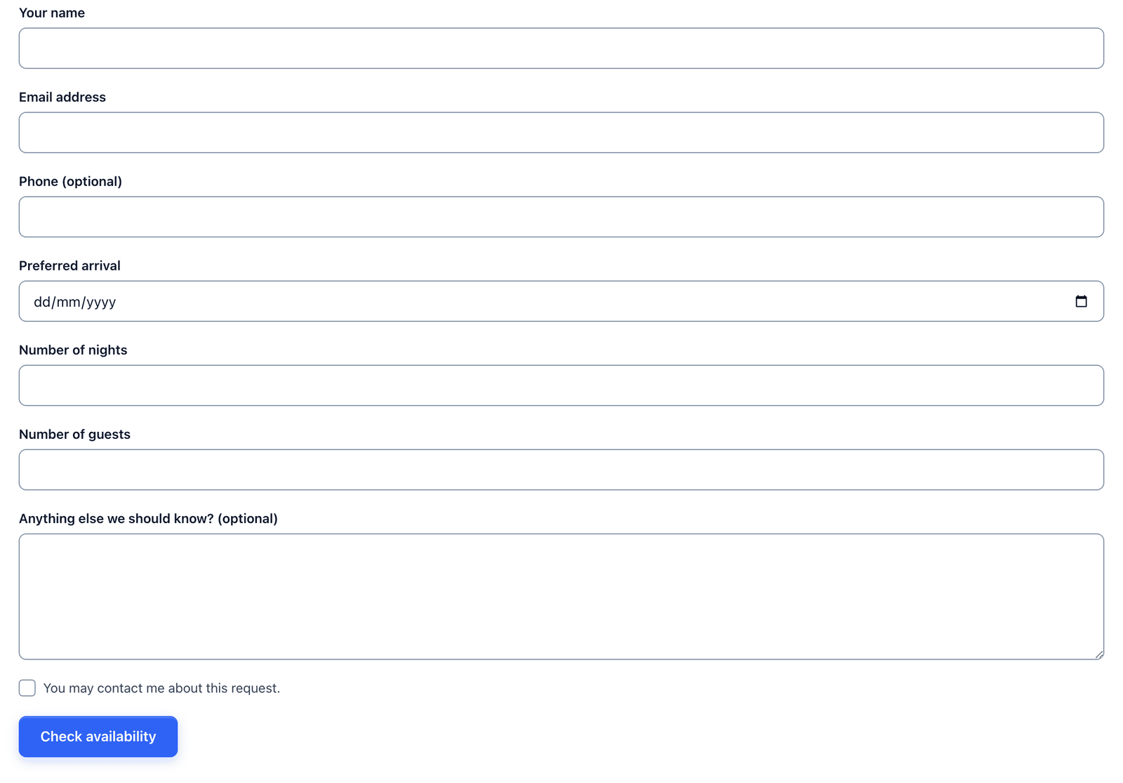 The accommodation inquiry form on a single page with all fields visible