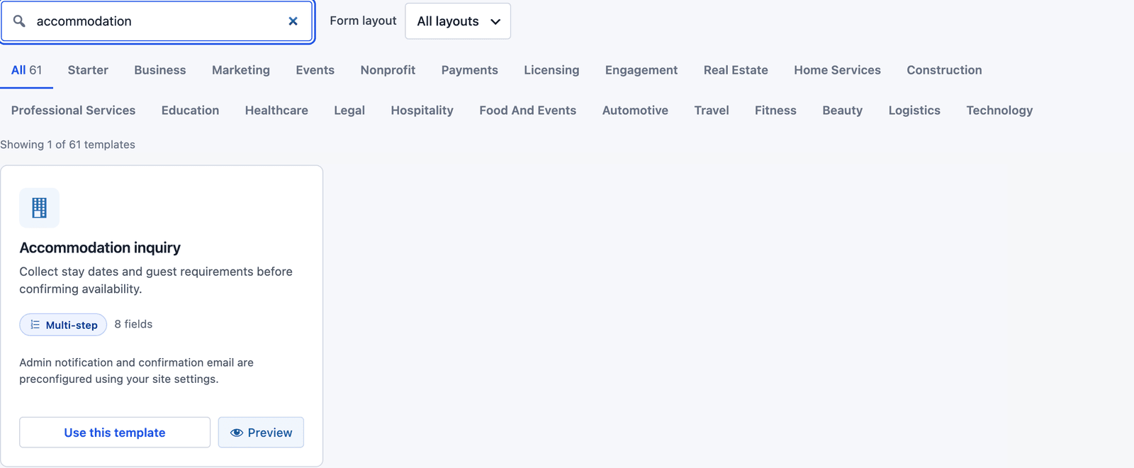 Core Forms template gallery searched for accommodation, showing the Accommodation inquiry template with its Multi-step badge