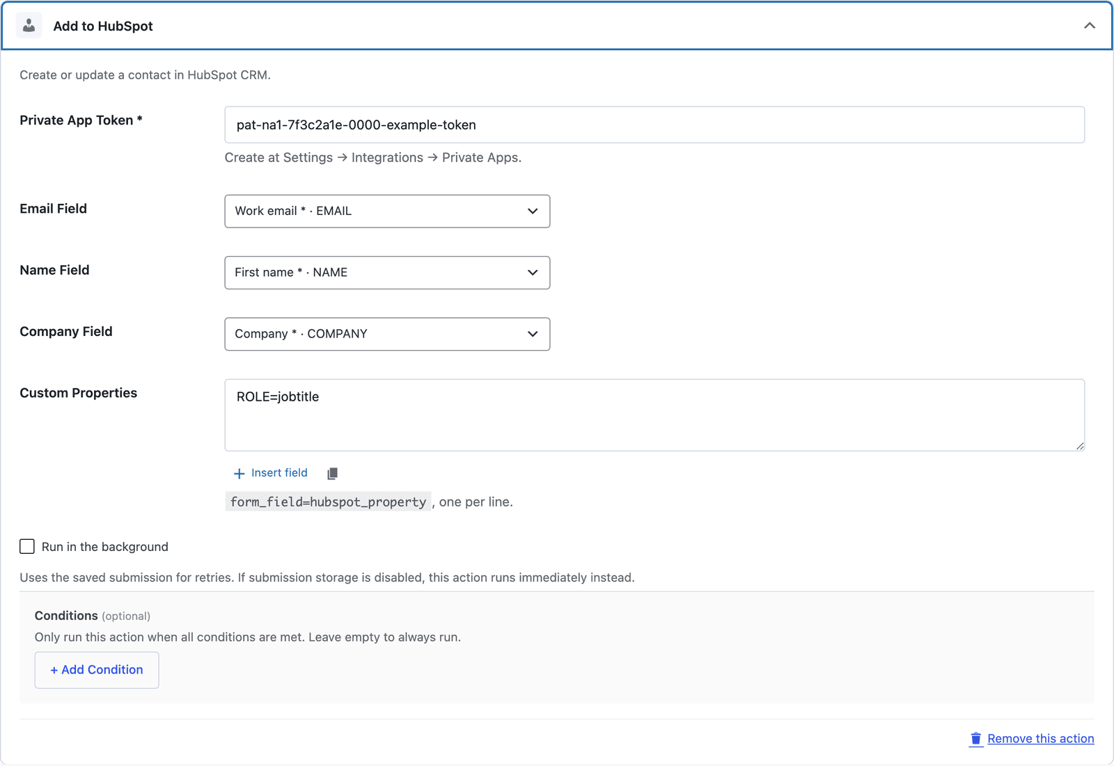 The Add to HubSpot action with a private app token, the email, name and company fields selected and ROLE mapped to jobtitle