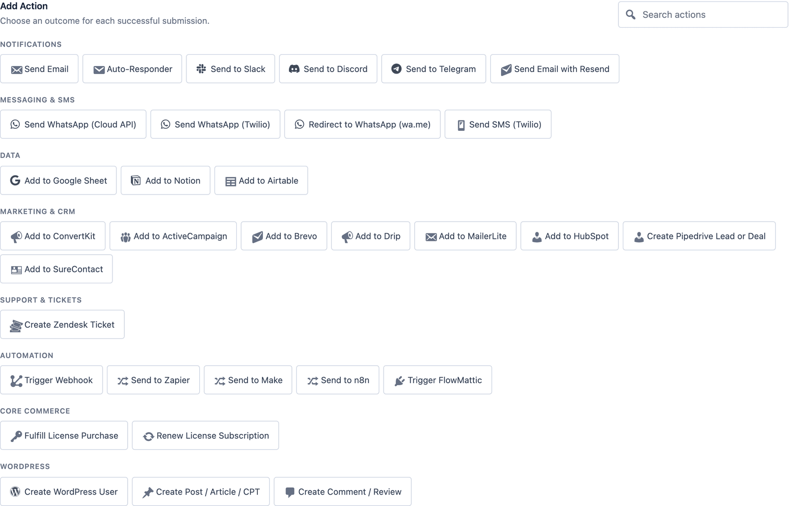 The Add Action picker in Core Forms listing the available actions by group