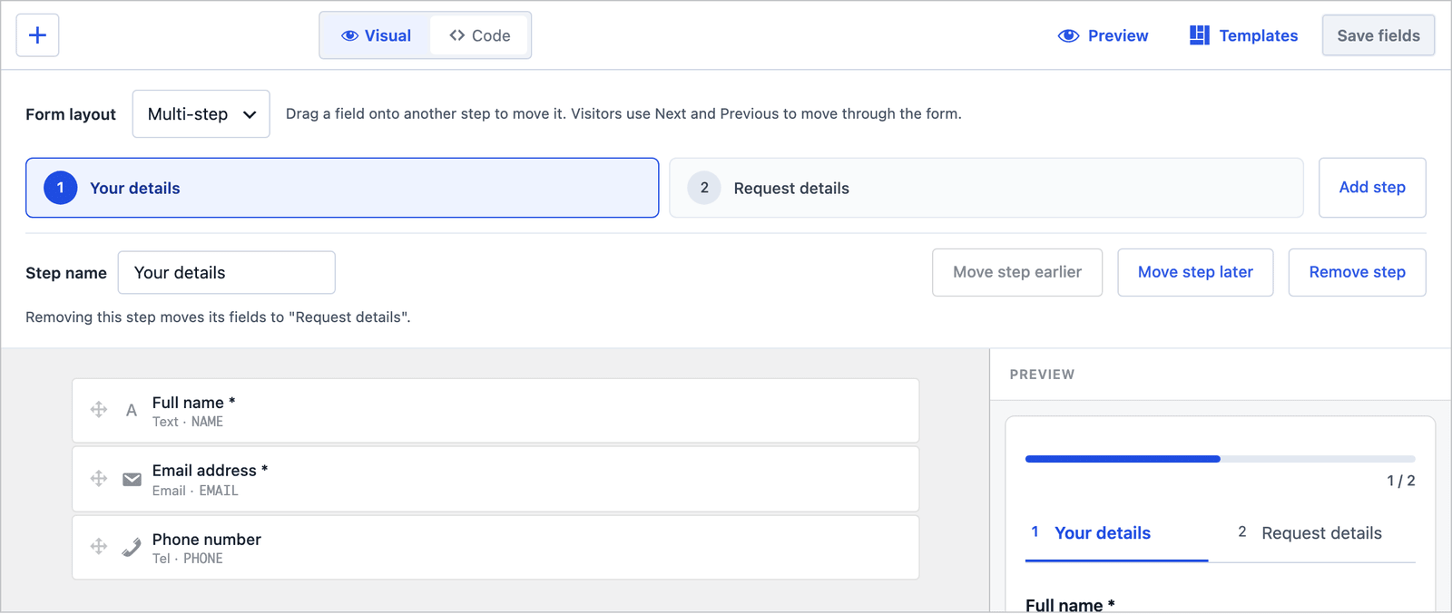 Core Forms builder for the multi-step Job application form with two steps, Your details and Request details