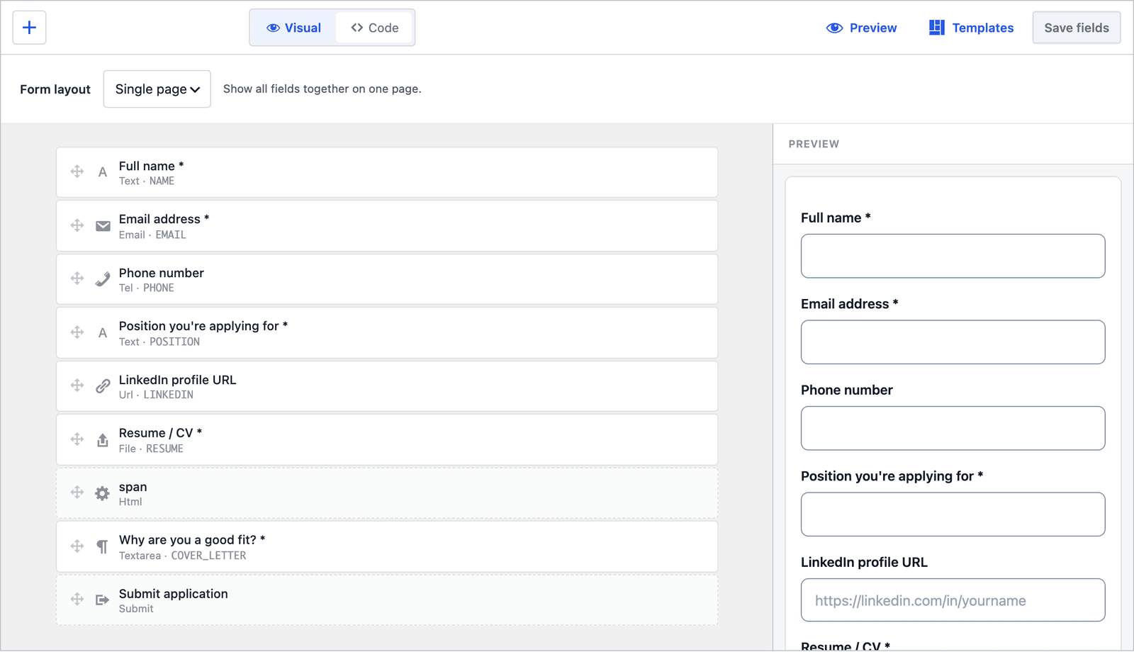 Core Forms builder for the Job application form showing name, email, phone, position, LinkedIn, resume upload and the written answer