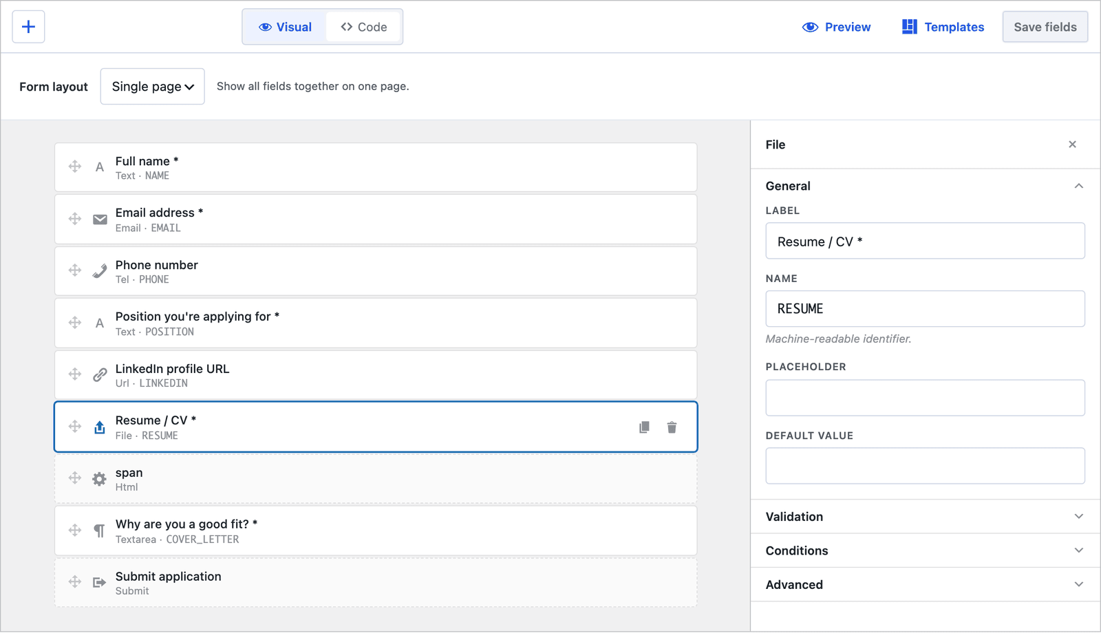 The builder with the Resume / CV file field selected, its help text shown as a separate HTML item beneath it, and the field's label and name in the inspector