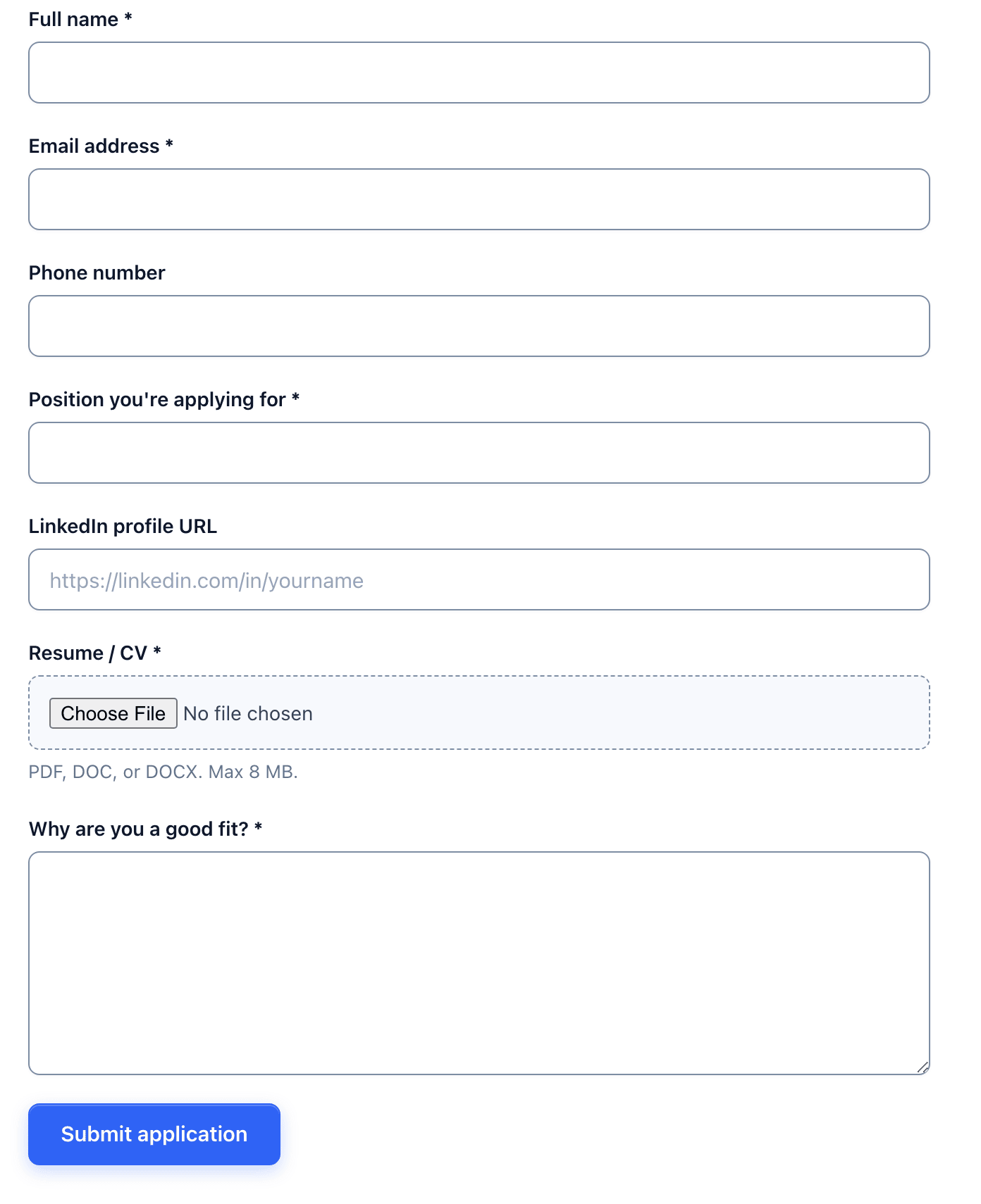 The job application form on a page with name, email, phone, position, LinkedIn, resume upload and the written answer