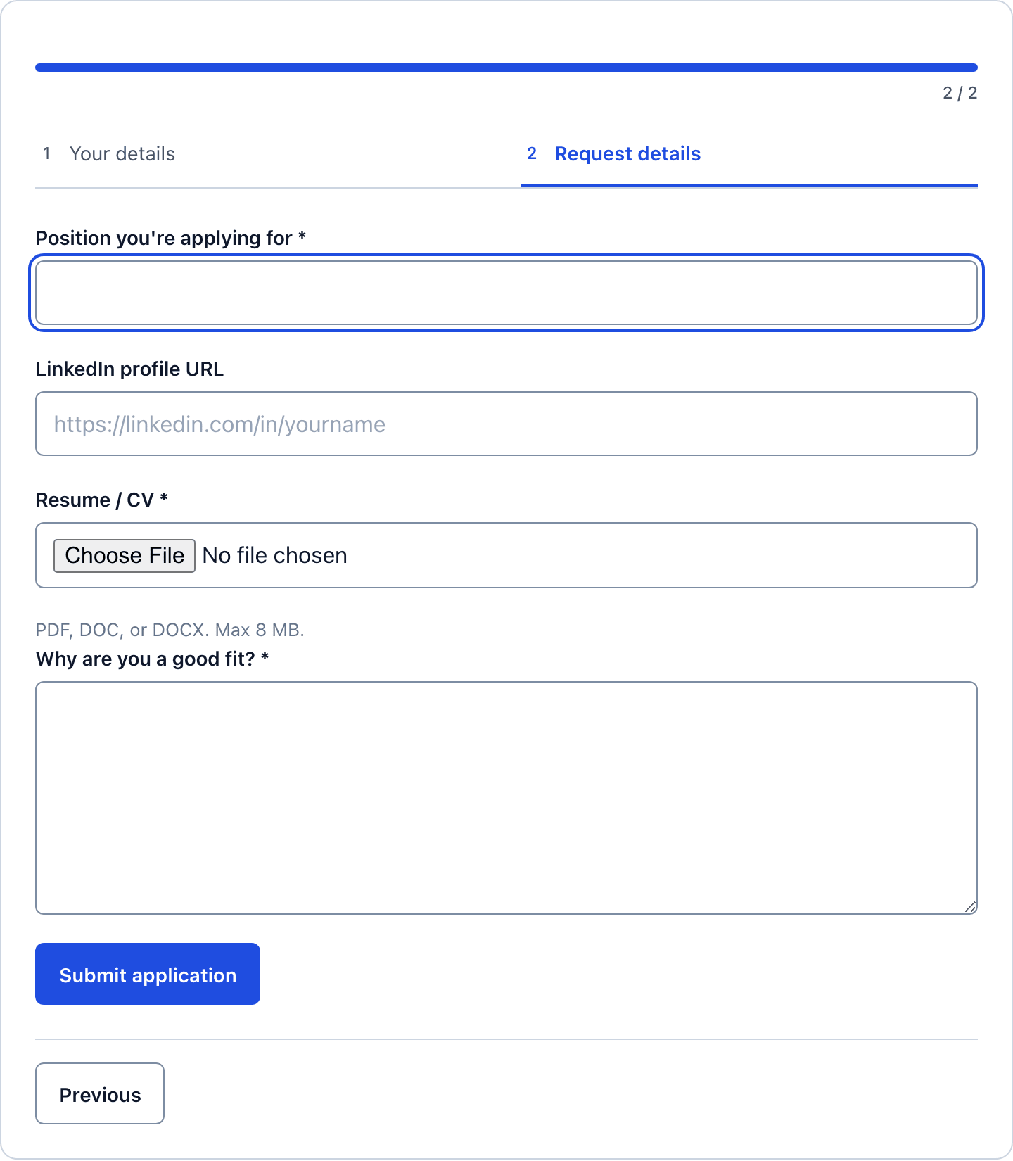 Step 2 of the multi-step job application form with the position, LinkedIn, resume upload and written answer fields