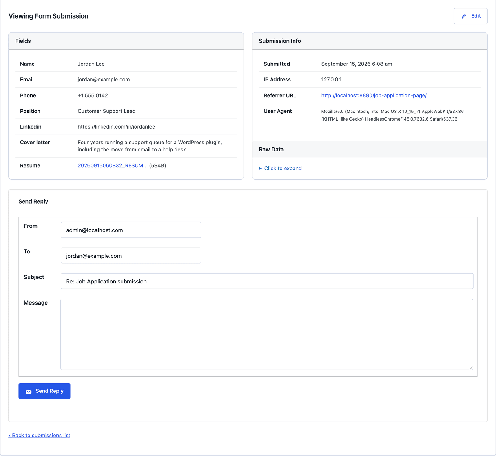 A single job application showing the fields, the resume link, submission info and the Send Reply box