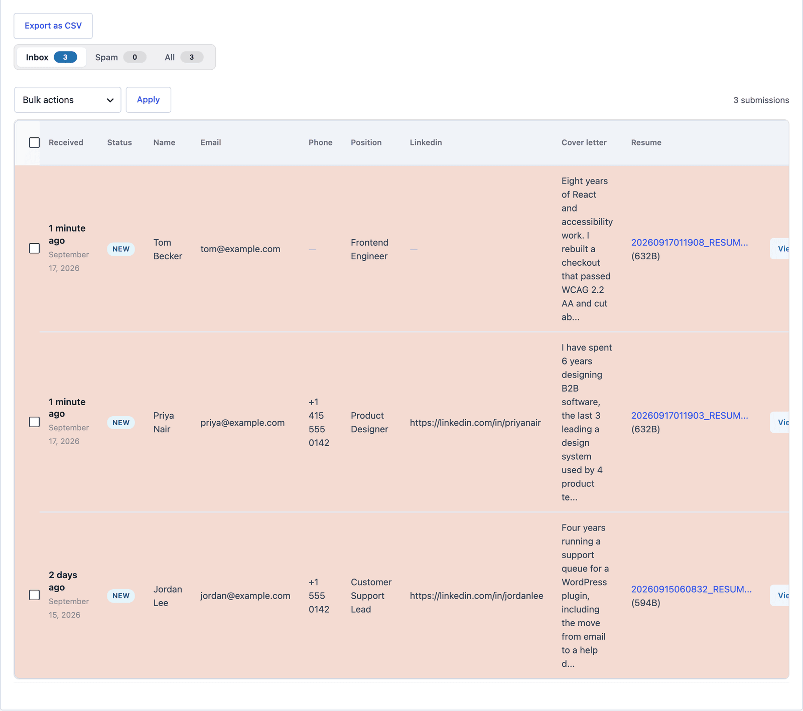 Core Forms Submissions tab for the Job application form showing two applications with their positions and resume links