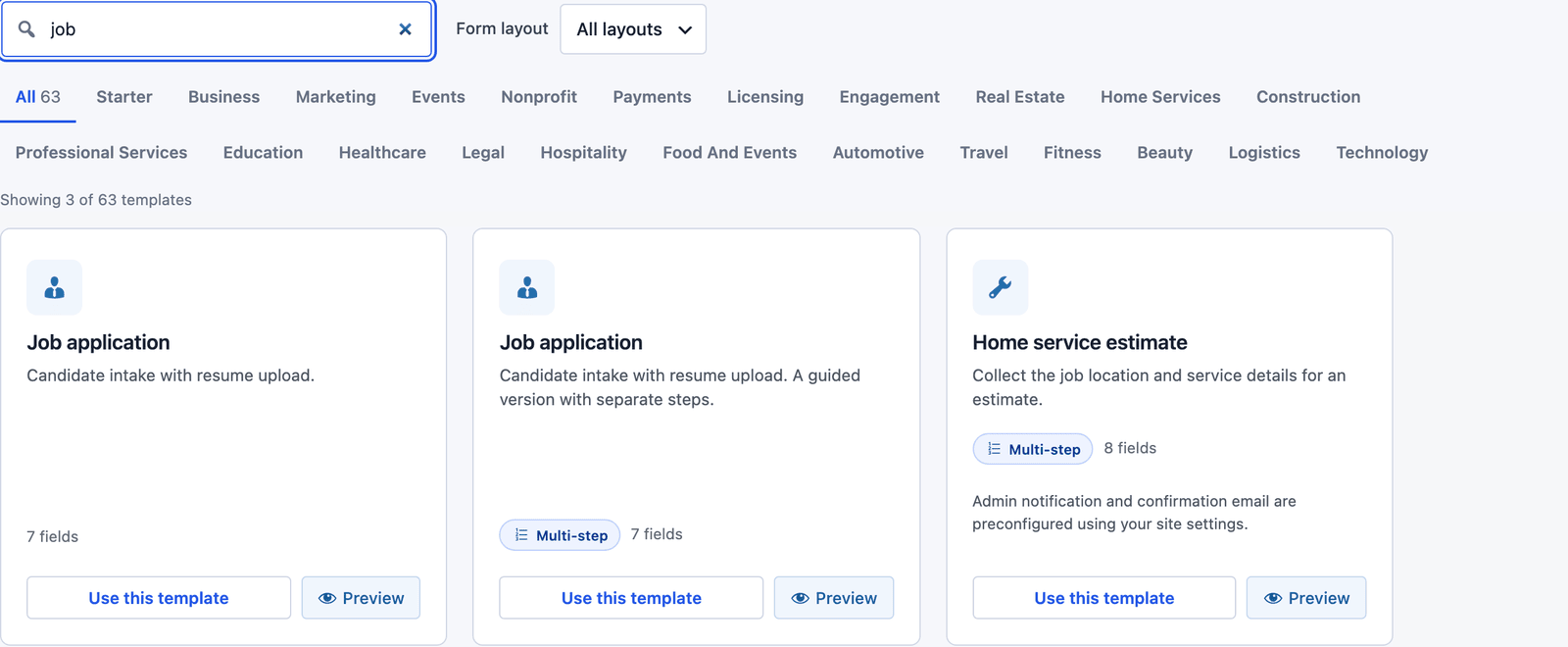 Core Forms template gallery searched for job, showing the Job application template and its multi-step version