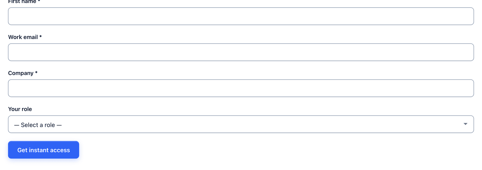 The lead capture form on a page with first name, work email, company and role fields