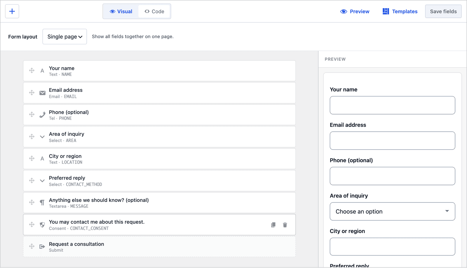 Core Forms builder for the legal consultation form with the layout set to Single page, showing all 8 fields in one column