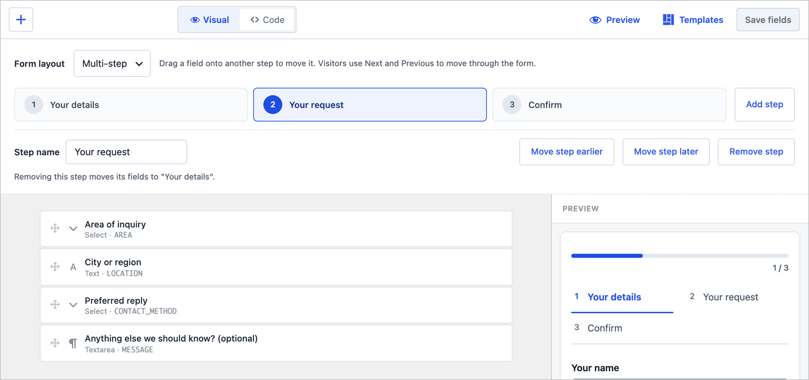 Core Forms builder for the legal consultation request form with the Your request step selected, showing area of inquiry, city, preferred reply and message fields