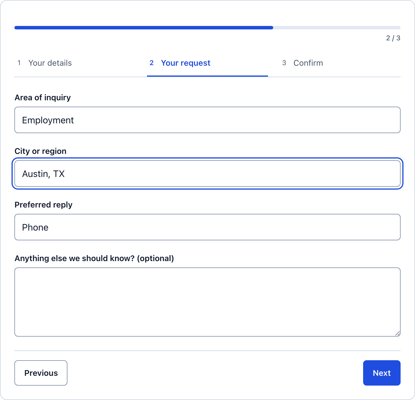 Step 2 of the legal consultation request form with the area of inquiry, city, preferred reply and message fields