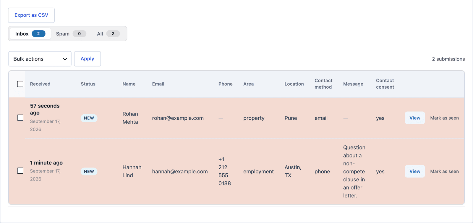 Core Forms Submissions tab for the legal consultation form showing requests with their area of inquiry, city and preferred reply