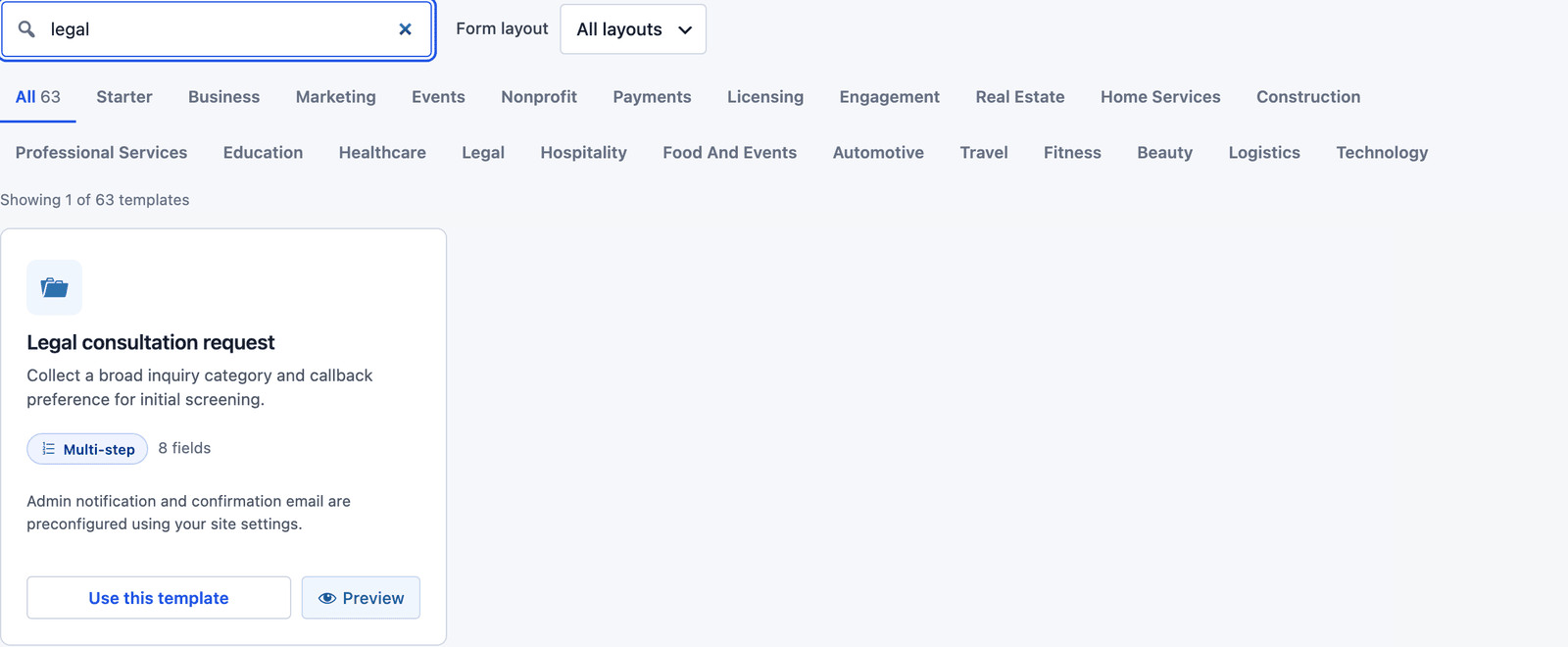 Core Forms template gallery searched for legal, showing the Legal consultation request template with its Multi-step badge