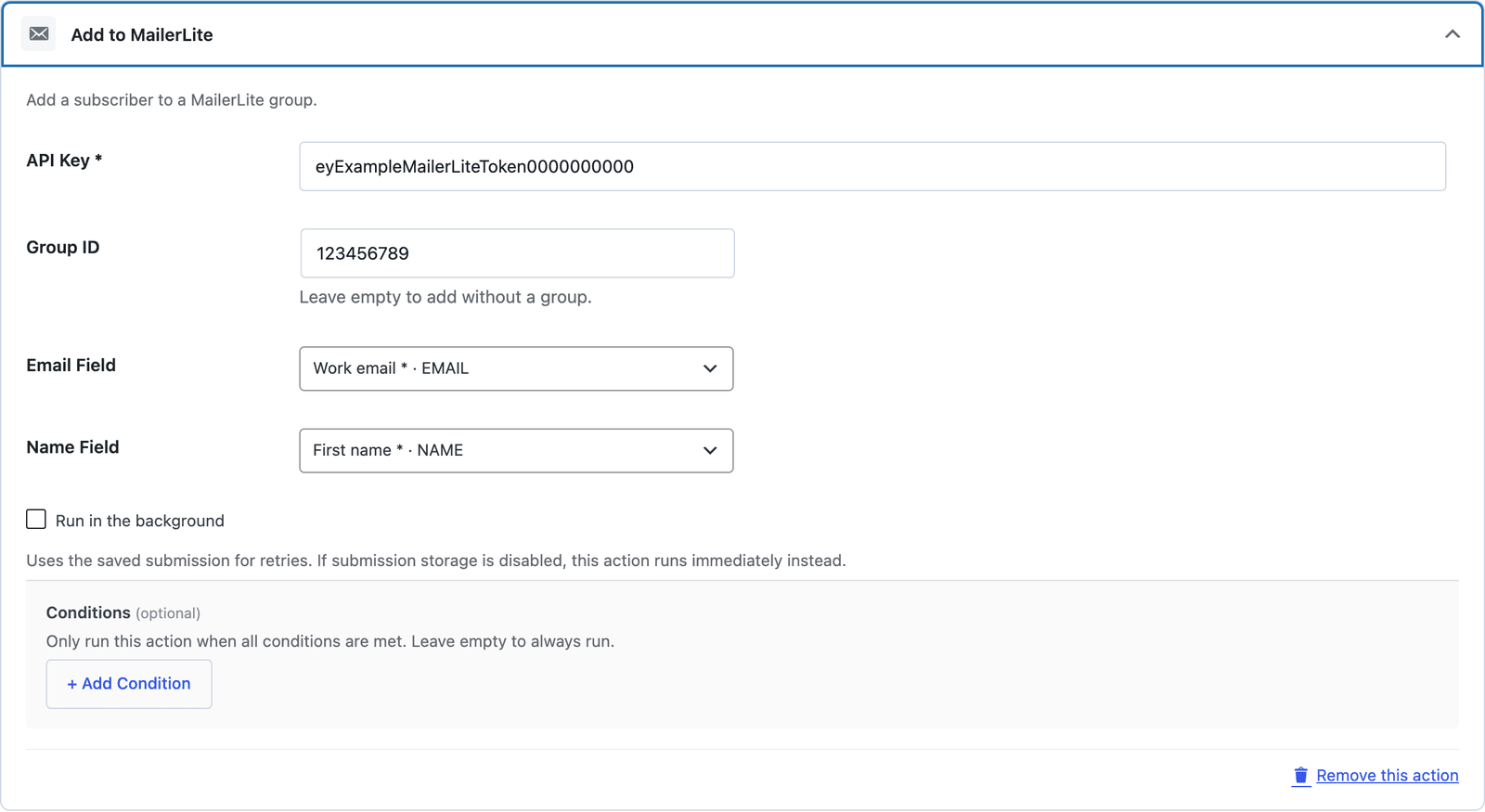 The Add to MailerLite action with an API key, a group ID, and the email and name fields mapped