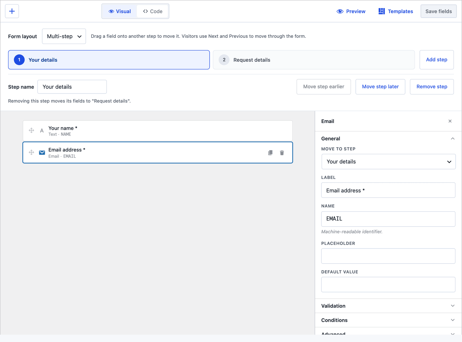 The builder in Multi-step layout with 2 named steps, Your details and Request details, the step name field, and the move and remove step controls