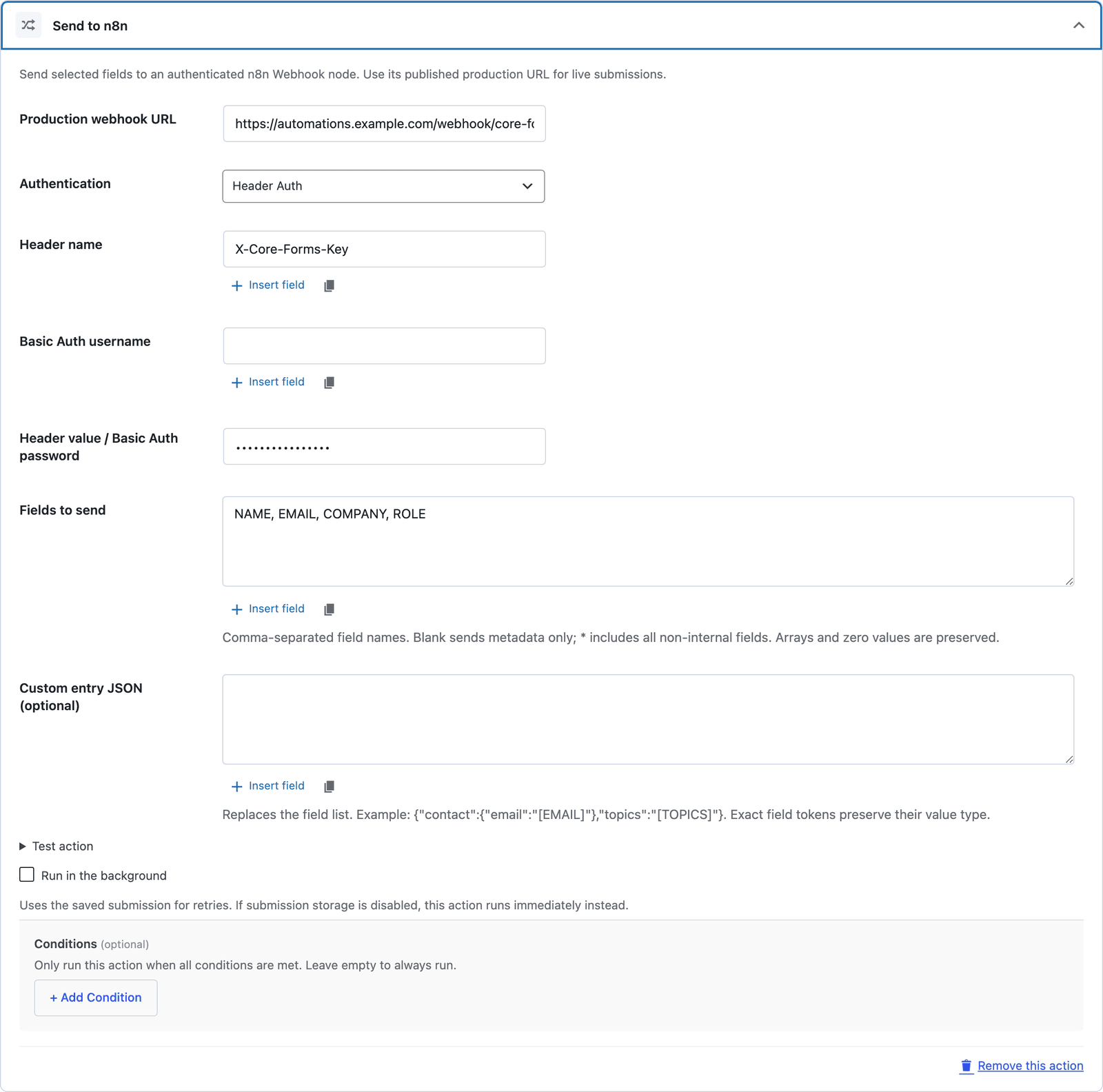 The Send to n8n action with a production webhook URL, Header Auth selected, the X-Core-Forms-Key header name, a masked secret, and NAME, EMAIL, COMPANY and ROLE as the fields to send