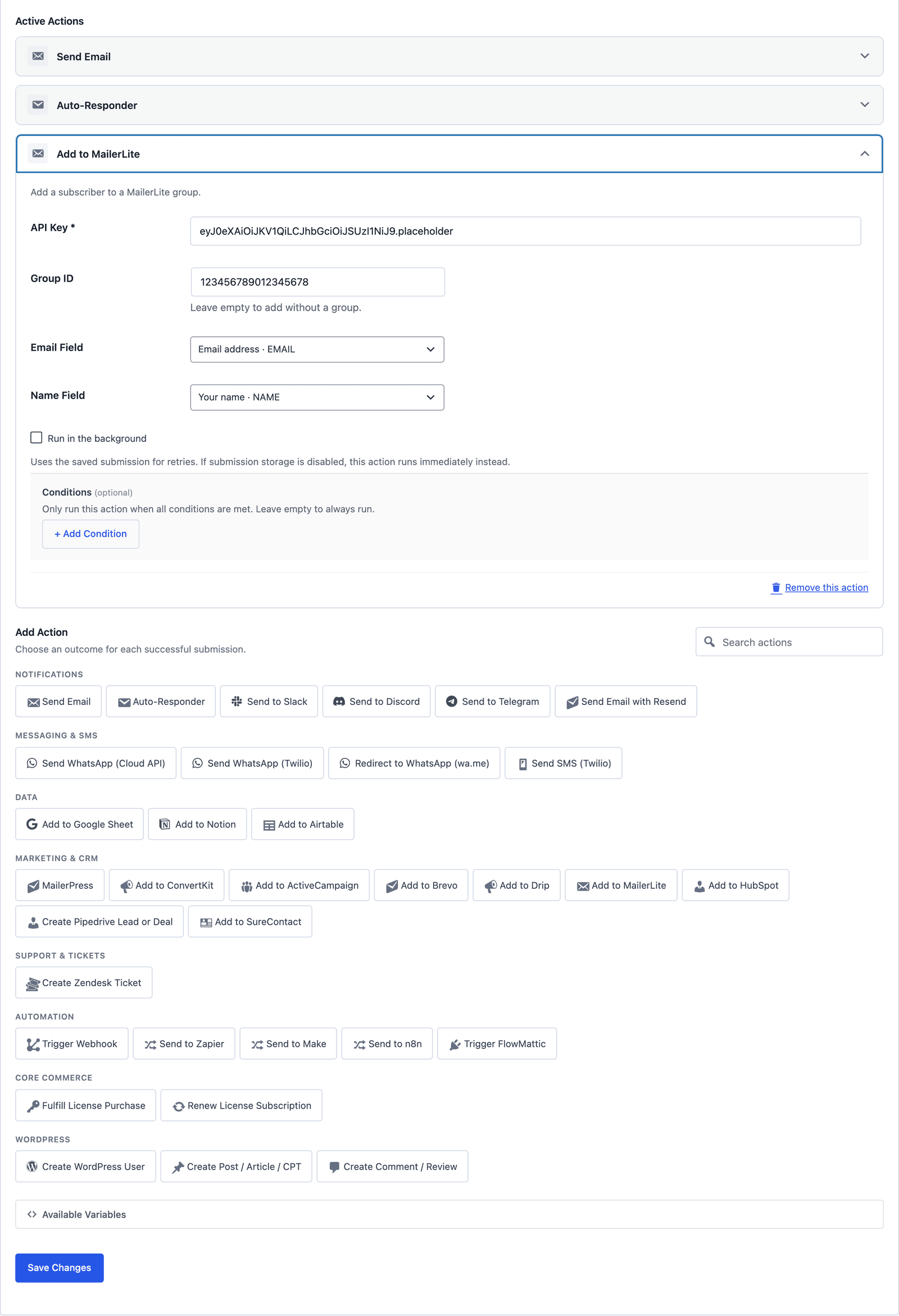 The Actions tab of a newsletter signup form with Send Email, Auto-Responder and Add to MailerLite, the MailerLite card expanded
