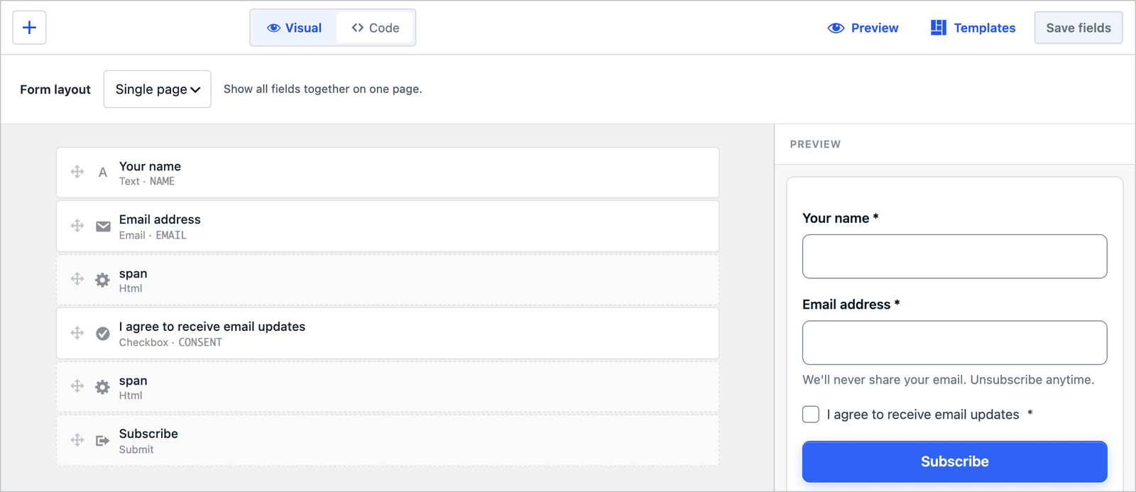 Core Forms builder for the Newsletter signup form showing the name, email and consent fields