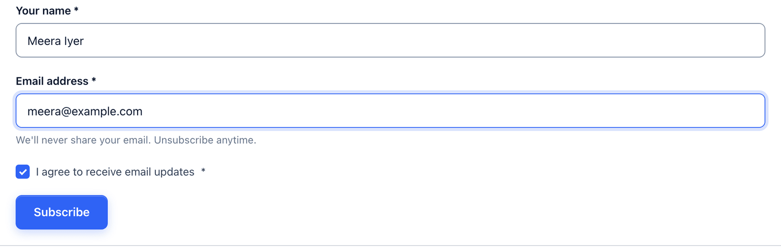 The newsletter signup form on a page with a name and email filled in, the consent box ticked and a Subscribe button