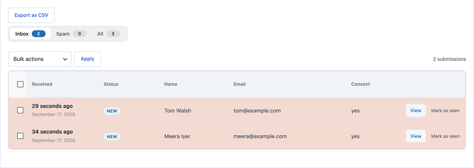 Core Forms Submissions tab for the newsletter signup form showing two signups with their name, email and consent