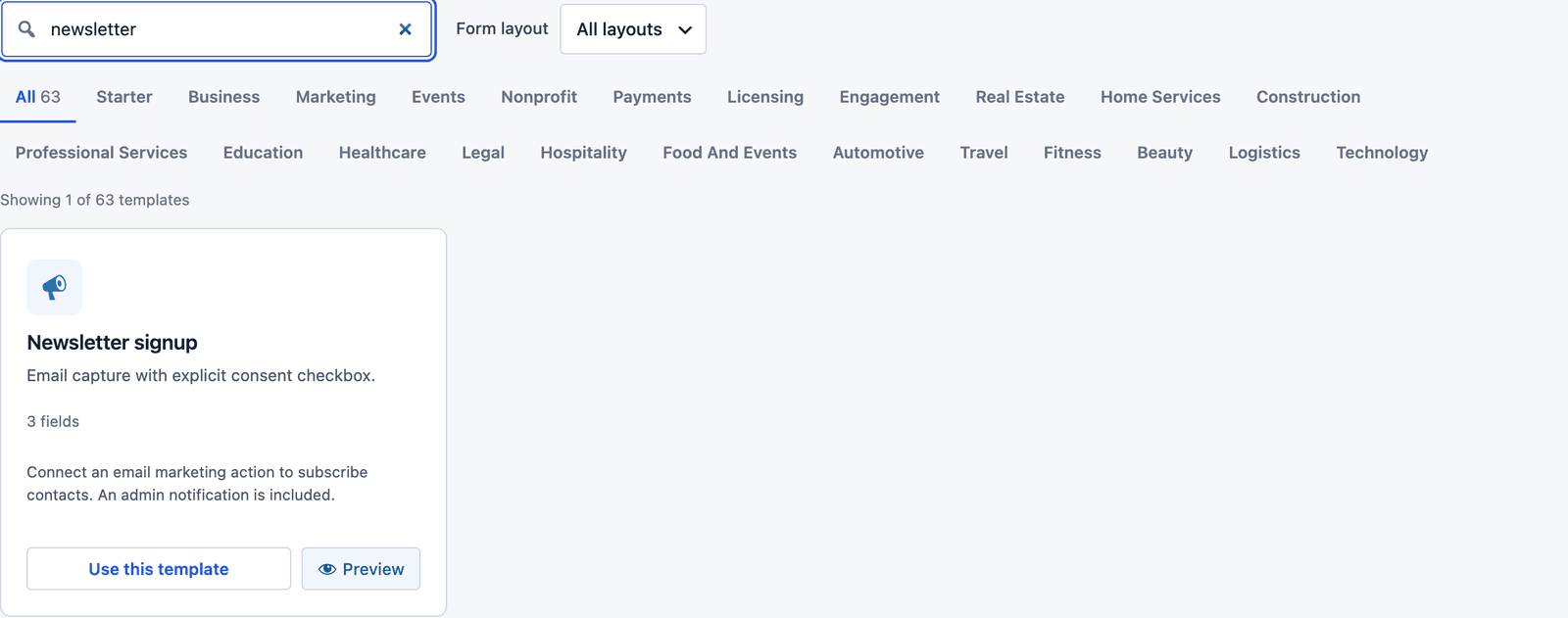 Core Forms template gallery searched for newsletter, showing the Newsletter signup template