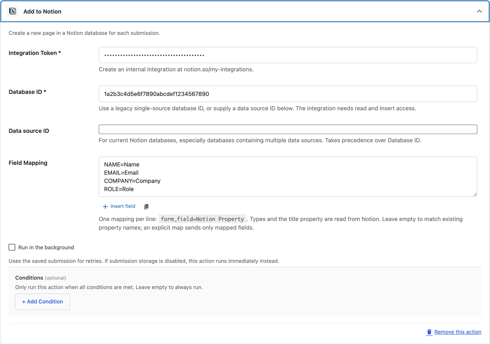 The Add to Notion action with the integration token, a database ID, a data source ID field and a field map