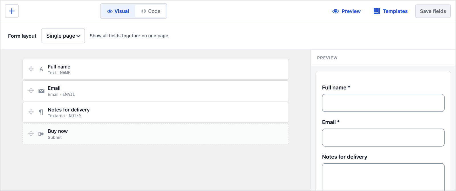 Core Forms builder for the Product purchase form showing the name, email and delivery notes fields and the Buy now button