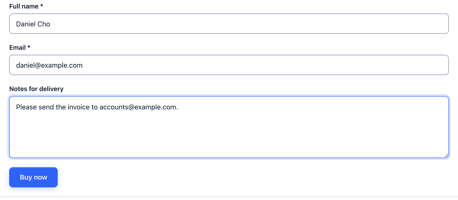 The product purchase form on a page with a name, an email and delivery notes filled in and a Buy now button
