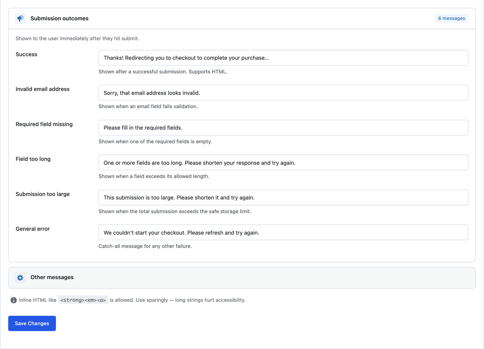 The Messages tab of the product purchase form with the success message about redirecting to checkout and the error message for a checkout that could not start