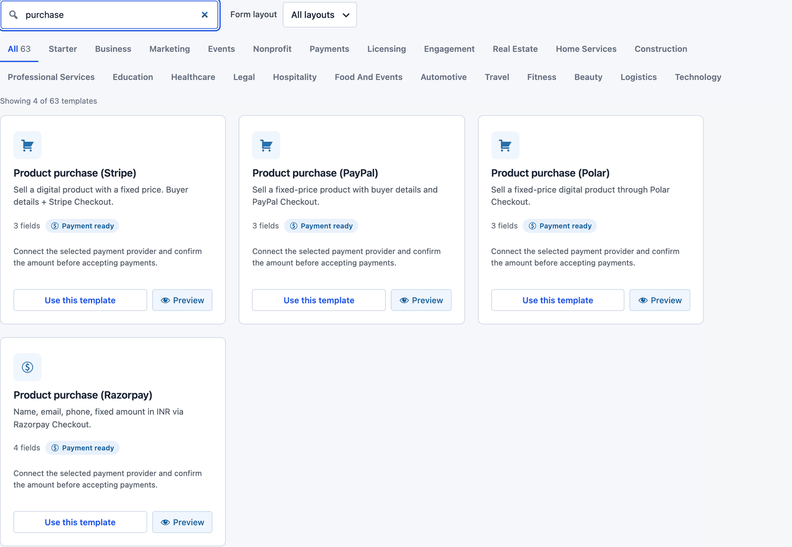 Core Forms template gallery searched for purchase, showing the Product purchase templates for Stripe, PayPal, Polar and Razorpay