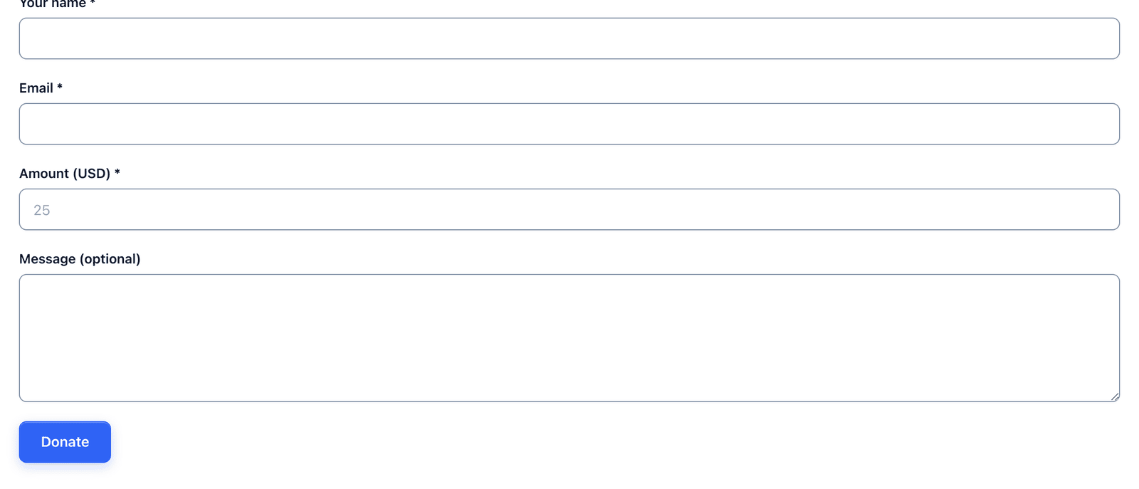 The PayPal donation form on a page with name, email, an amount in USD, a message and a Donate button