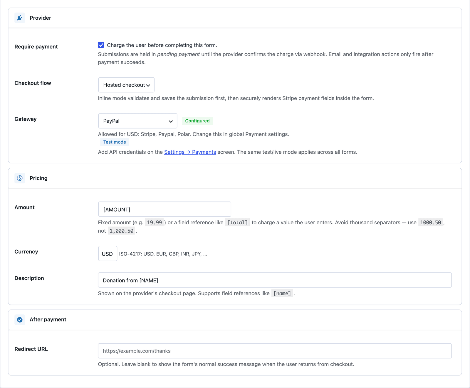 The Payment tab of the Donation (PayPal) form with Require payment ticked, hosted checkout, PayPal selected as the gateway and marked Configured, the amount set to the AMOUNT field and USD as the currency