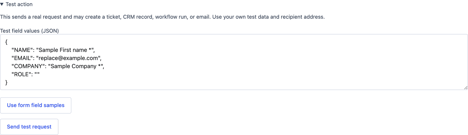 The Test action panel under the Pipedrive action, with sample JSON for name, email, company and role and a Send test request button