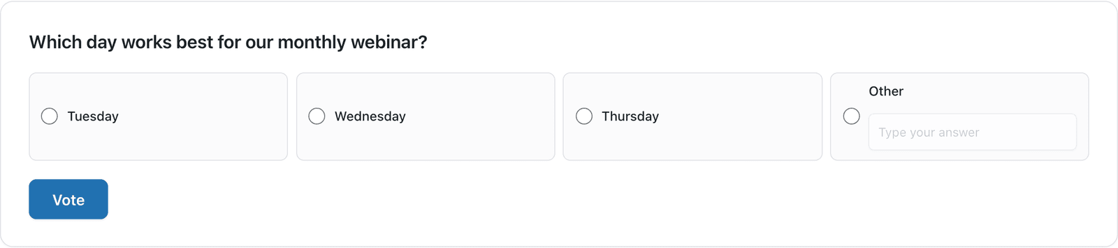 The webinar day poll on a WordPress page with Tuesday, Wednesday, Thursday and an Other answer with a text box