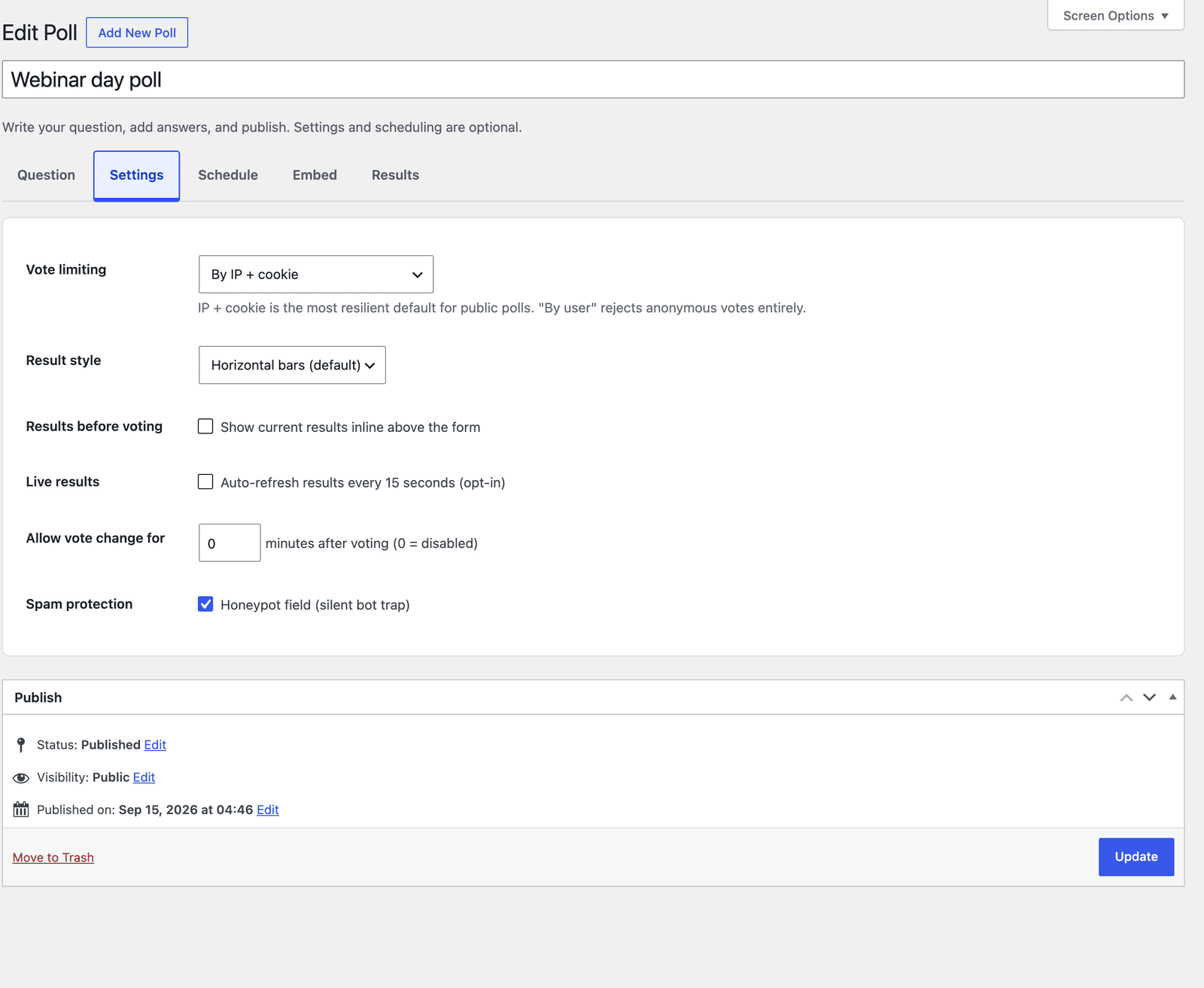 Core Forms poll Settings tab with vote limiting, result style, live results, vote change window and honeypot options
