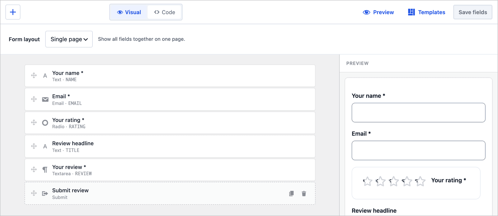 Core Forms builder for the Product review form showing name, email, the rating group, headline and review fields
