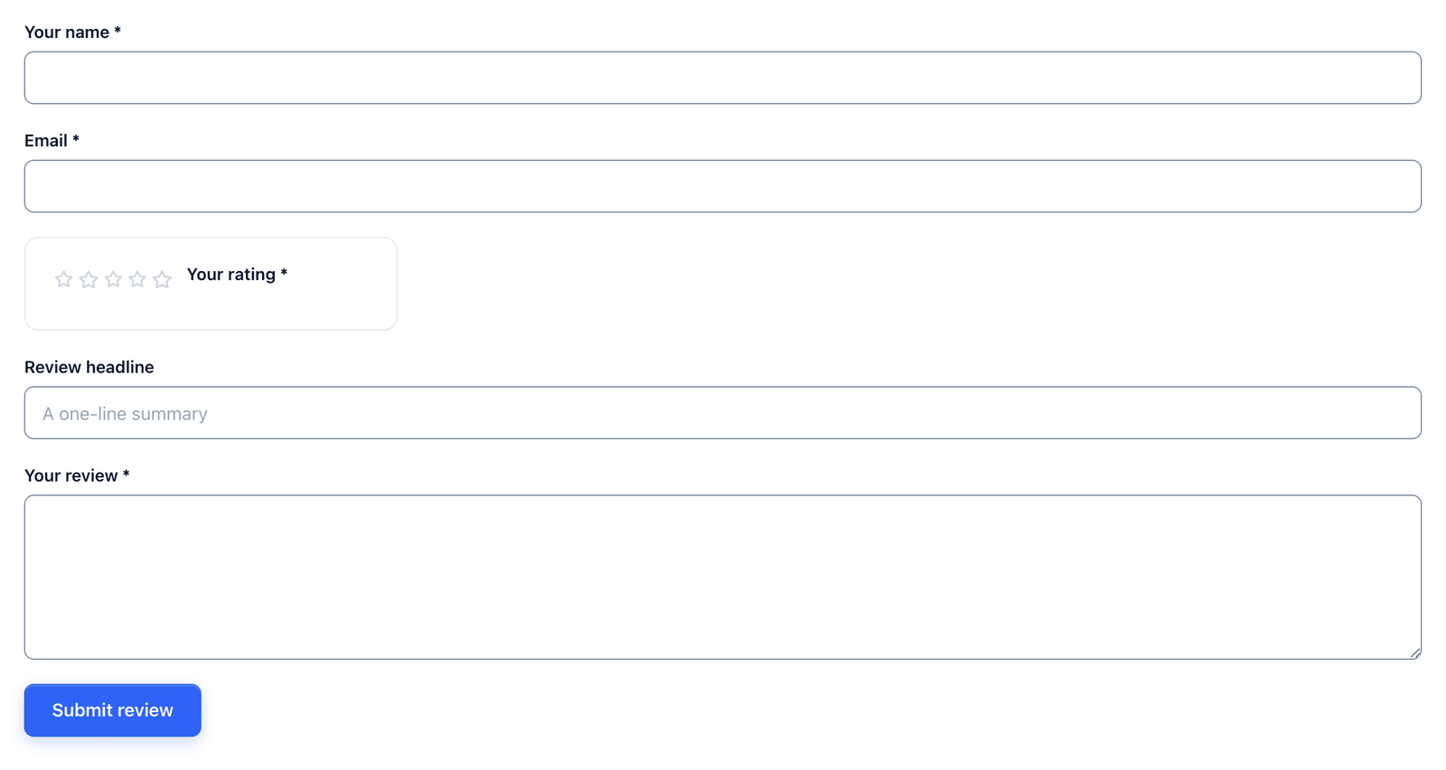 The product review form on a page with the star rating, headline and review fields