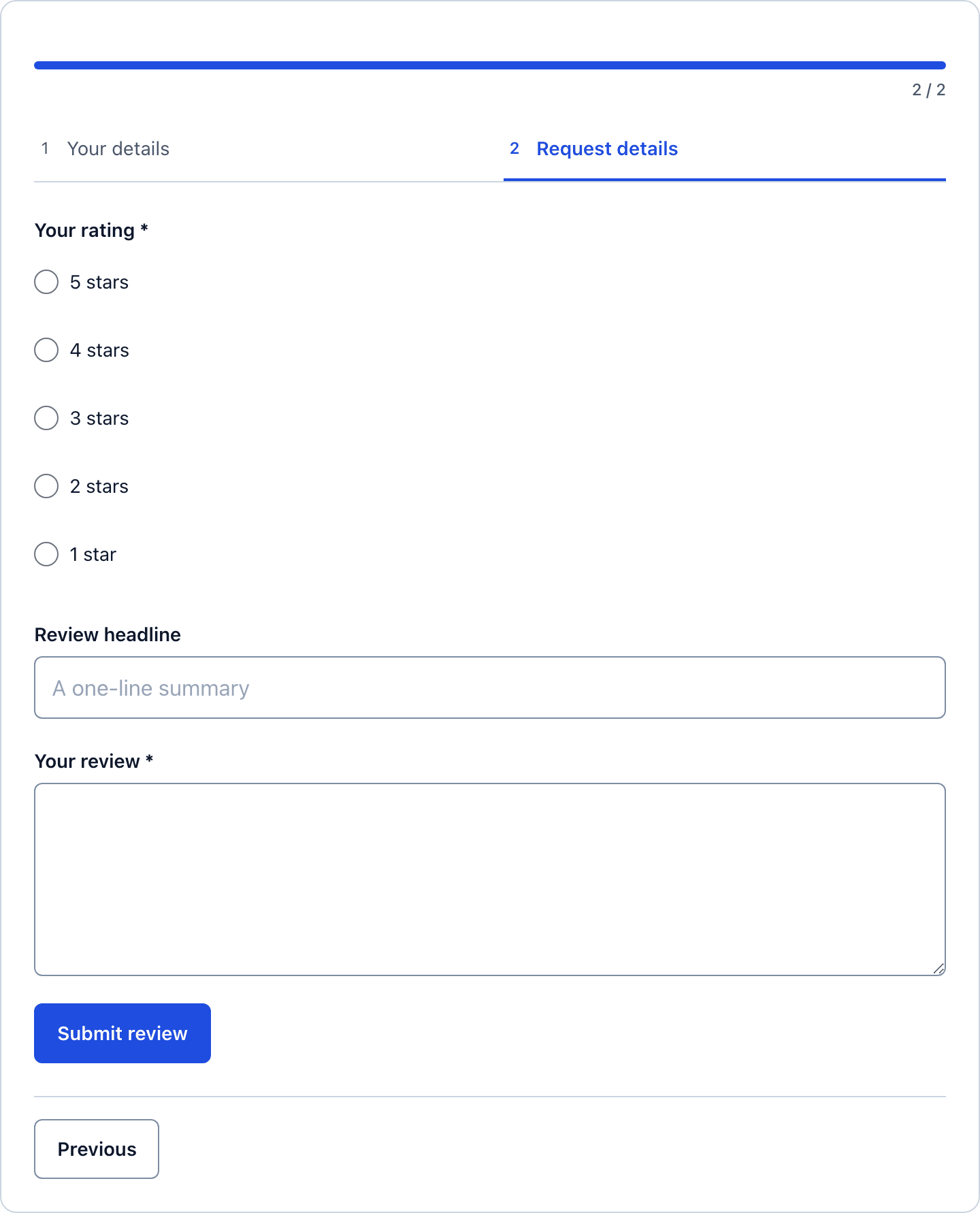 Step 2 of the multi-step product review form showing the star rating, headline and review text