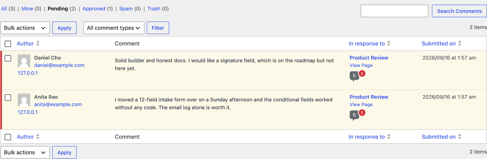 The WordPress Comments screen filtered to Pending, showing two product reviews attached to the Product Review page