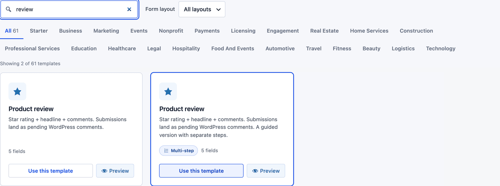 Core Forms template gallery searched for review, showing the Product review template and its multi-step version