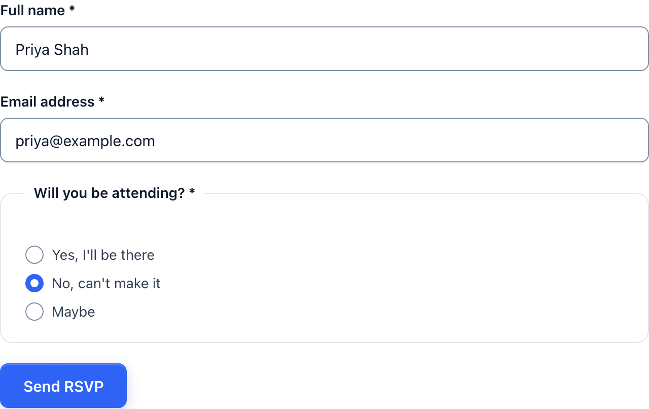 The RSVP form with No, can't make it selected and no guest count or dietary fields visible