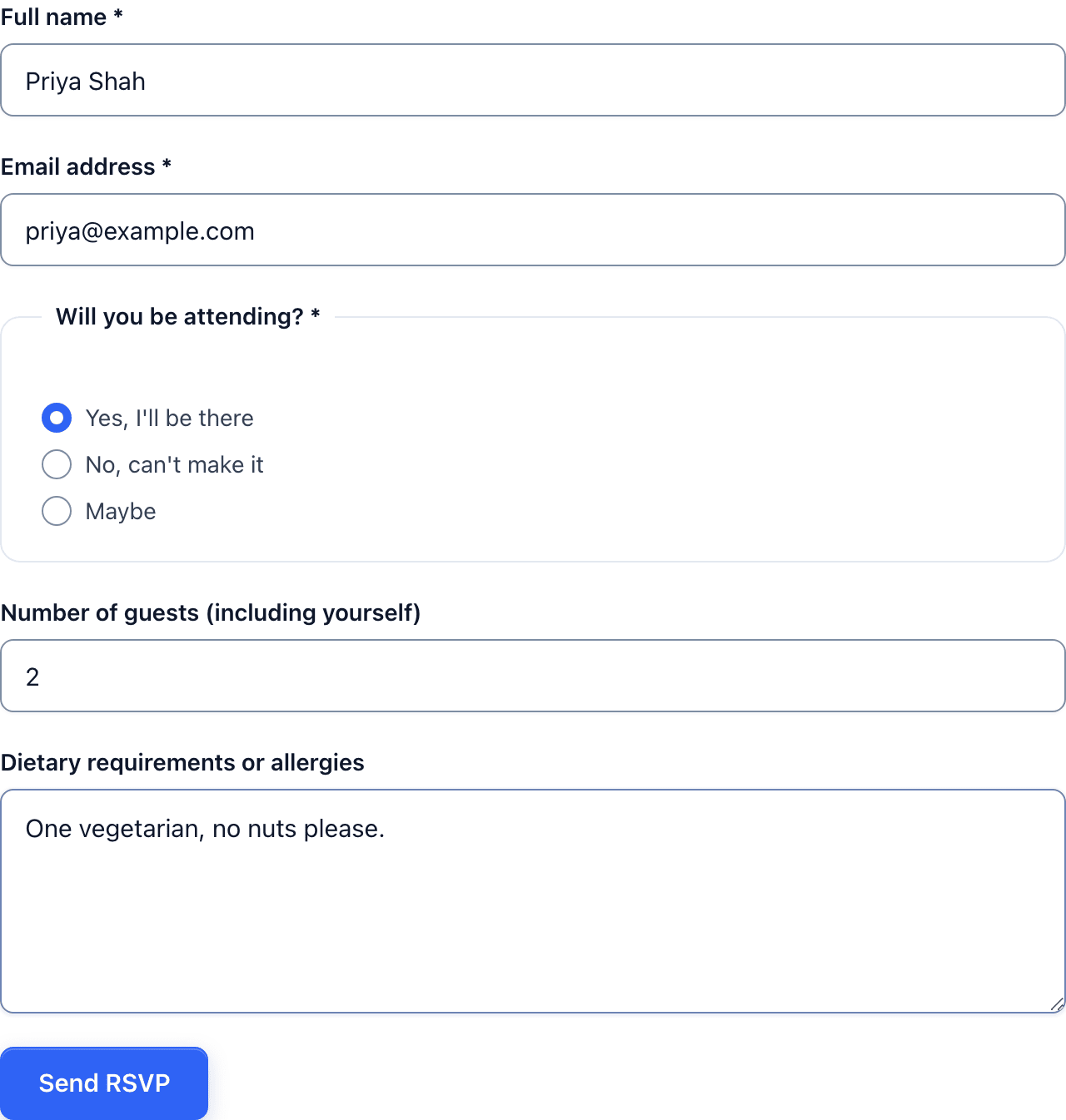 The RSVP form with Yes selected, a guest count of 2 and a dietary note visible