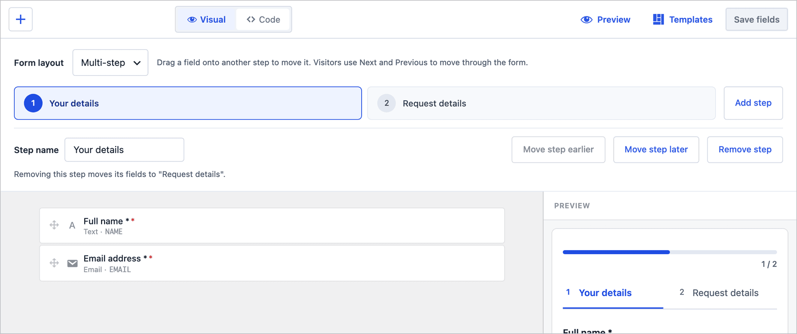 Core Forms builder for the multi-step Event RSVP with two steps, Your details and Request details
