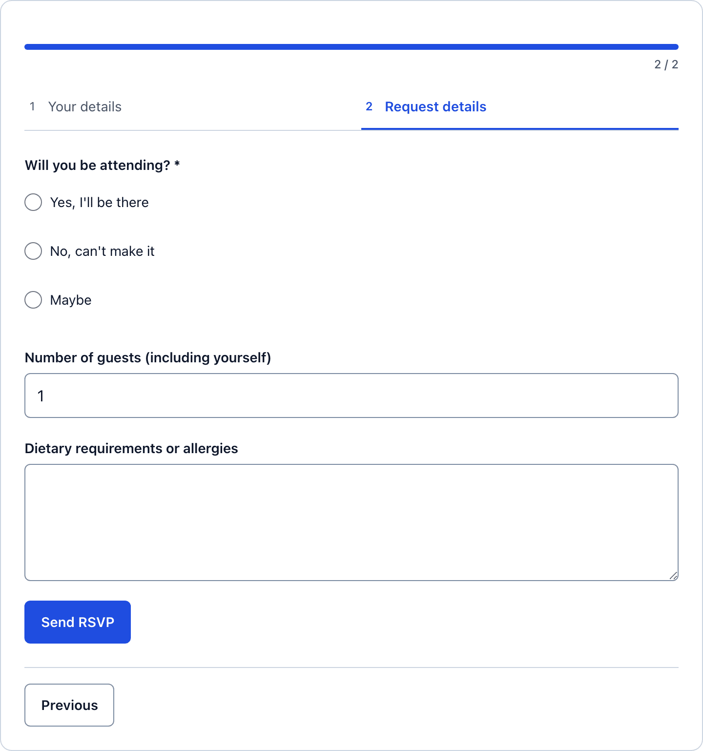 Step 2 of the multi-step RSVP form with the attending question, guest count and dietary field