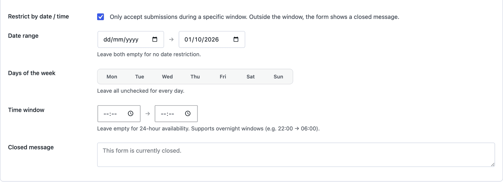 Core Forms Scheduling settings with date and time restriction on and a closing date of 1 October 2026
