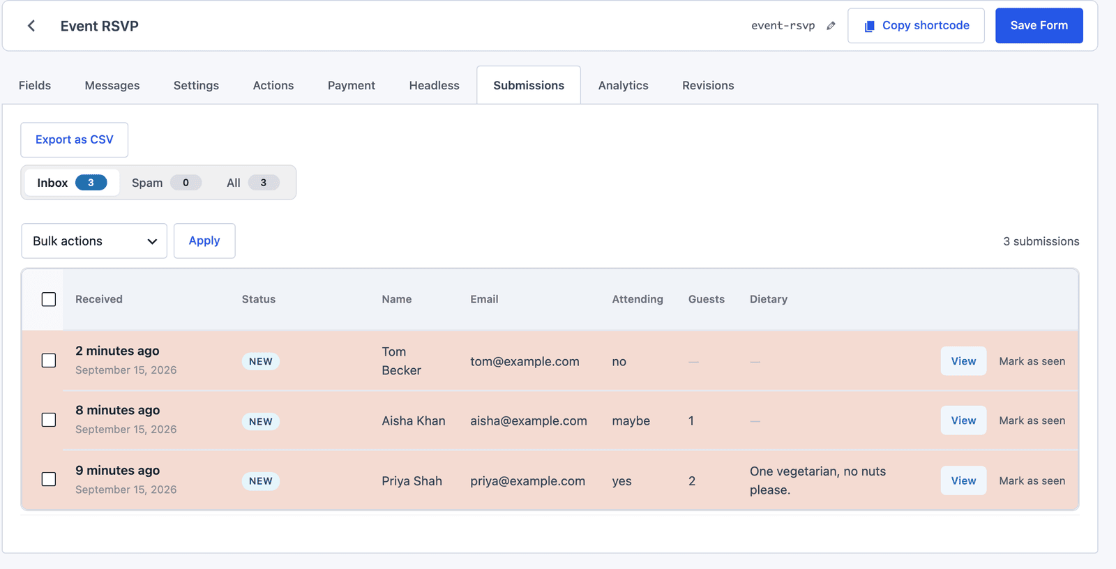 Core Forms Submissions tab for Event RSVP showing yes, maybe and no replies with guest counts and a dietary note